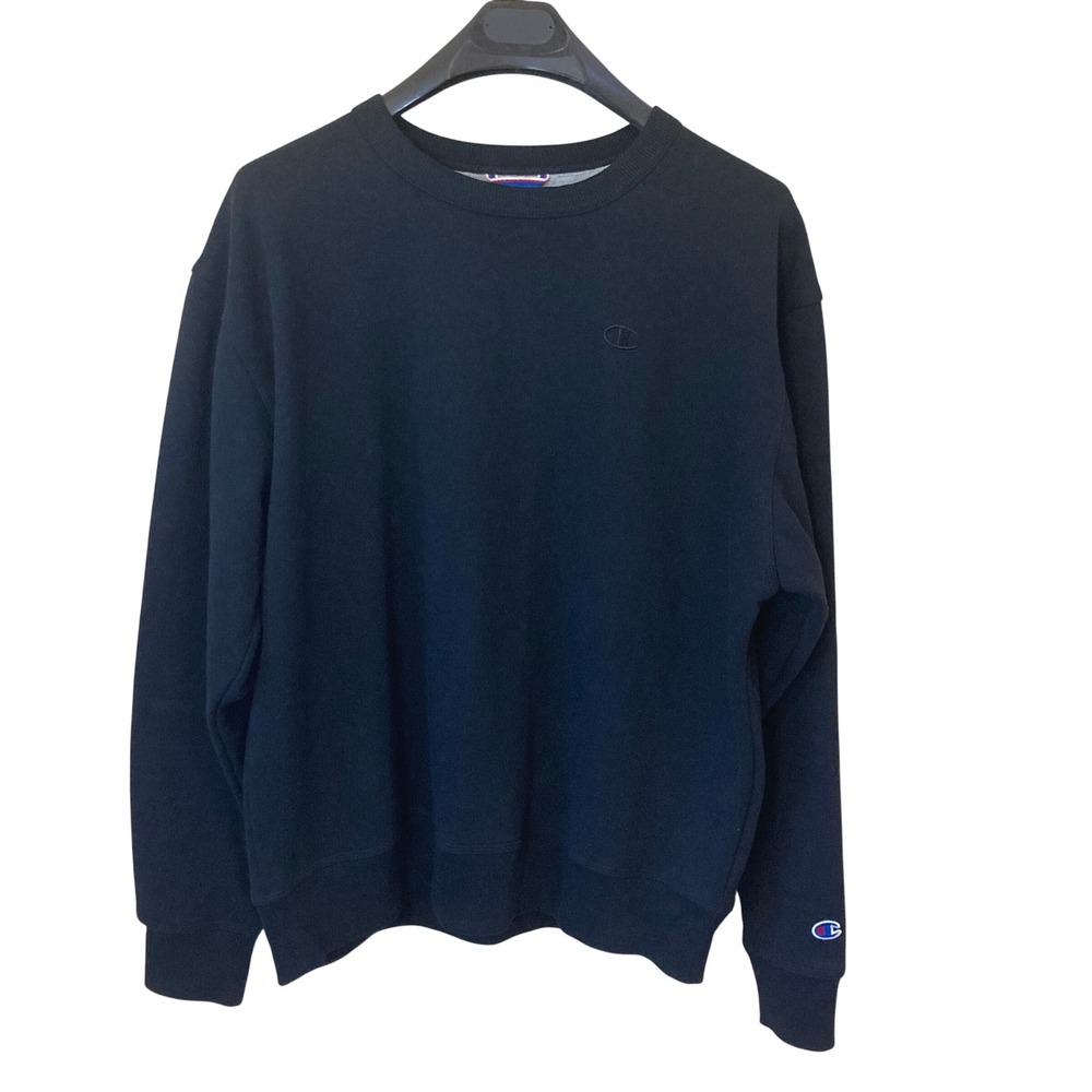 Champion Mens Crewneck Sweatshirt Large Black Fleece Pullover S0888